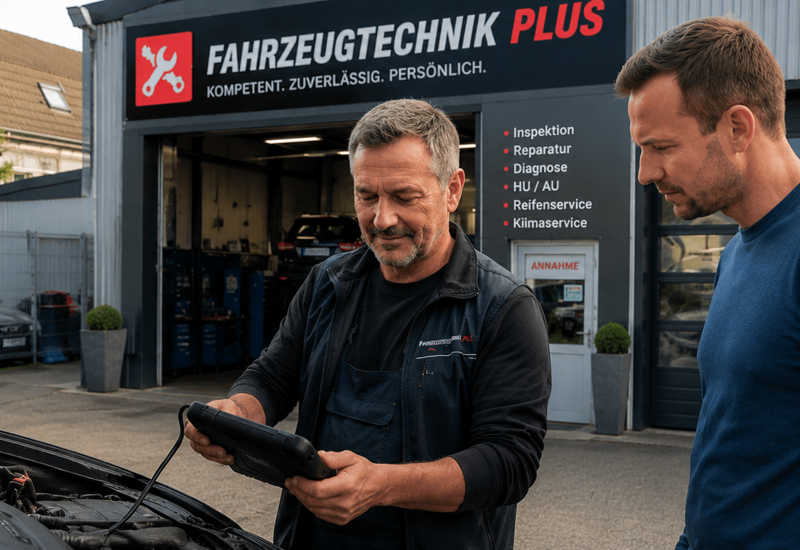 Meister führt Erstdiagnose mit Diagnosegerät am Fahrzeug durch – Fahrzeugtechnik Plus