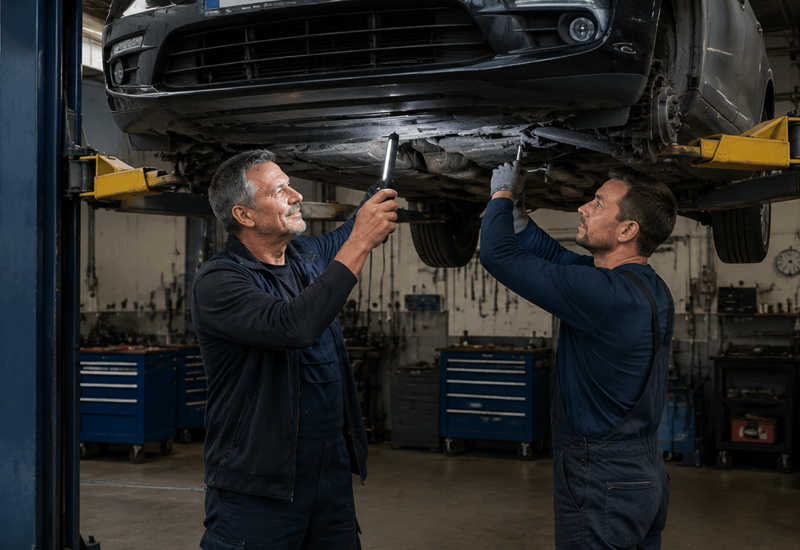 Meister und Kollege reparieren Fahrzeug auf der Hebebühne – Fahrzeugtechnik Plus